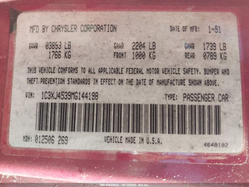 1991 Chrysler Lebaron VIN: 1C3XJ4539MG144198 Lot: 43423832