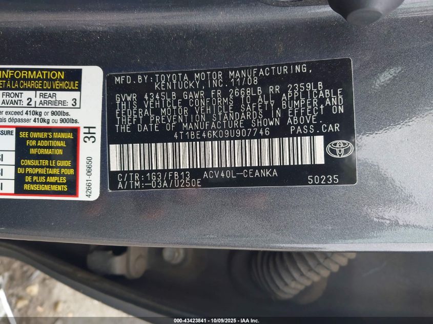 2009 Toyota Camry Le VIN: 4T1BE46K09U907746 Lot: 43423841