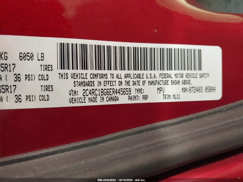 2014 Chrysler Town & Country Touring VIN: 2C4RC1BG6ER445659 Lot: 43423852