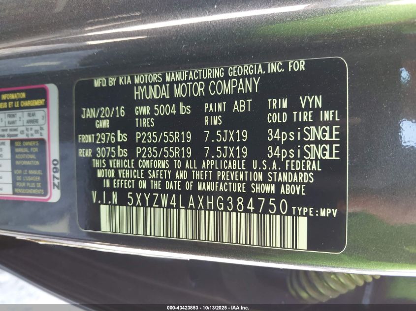 2017 Hyundai Santa Fe Sport 2.0T Ultimate VIN: 5XYZW4LAXHG384750 Lot: 43423853