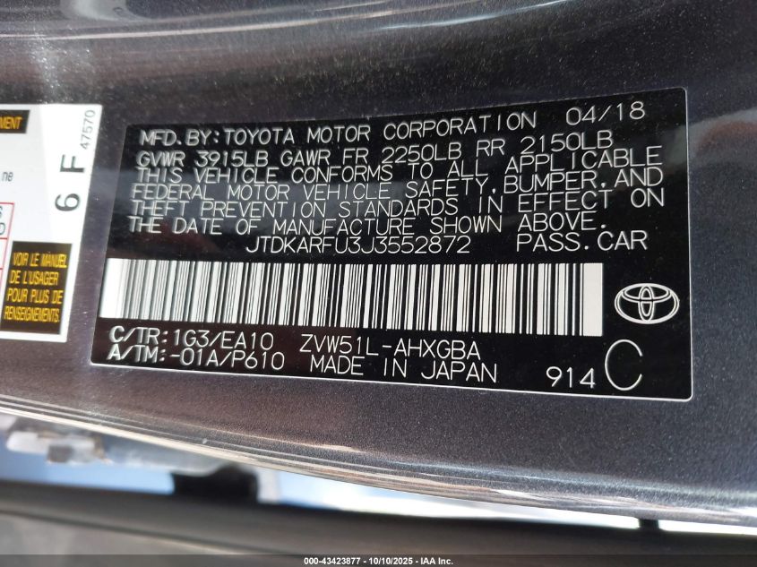 2018 Toyota Prius Four VIN: JTDKARFU3J3552872 Lot: 43423877