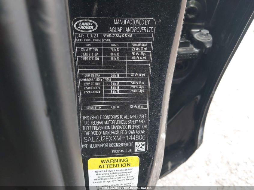 2021 Land Rover Range Rover Evoque S VIN: SALZJ2FXXMH144806 Lot: 43423885