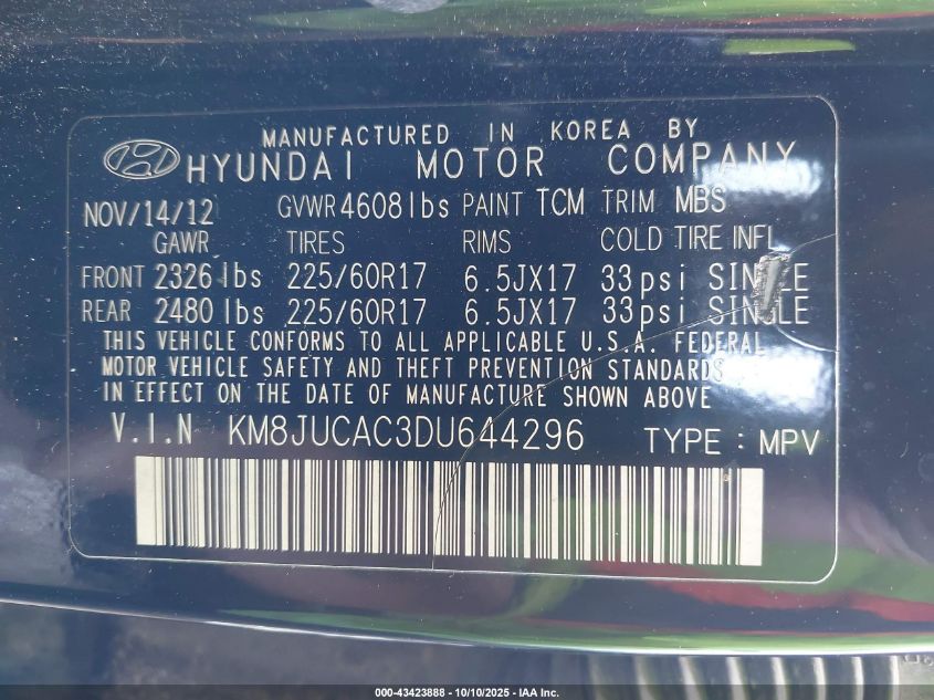 2013 Hyundai Tucson Gls VIN: KM8JUCAC3DU644296 Lot: 43423888