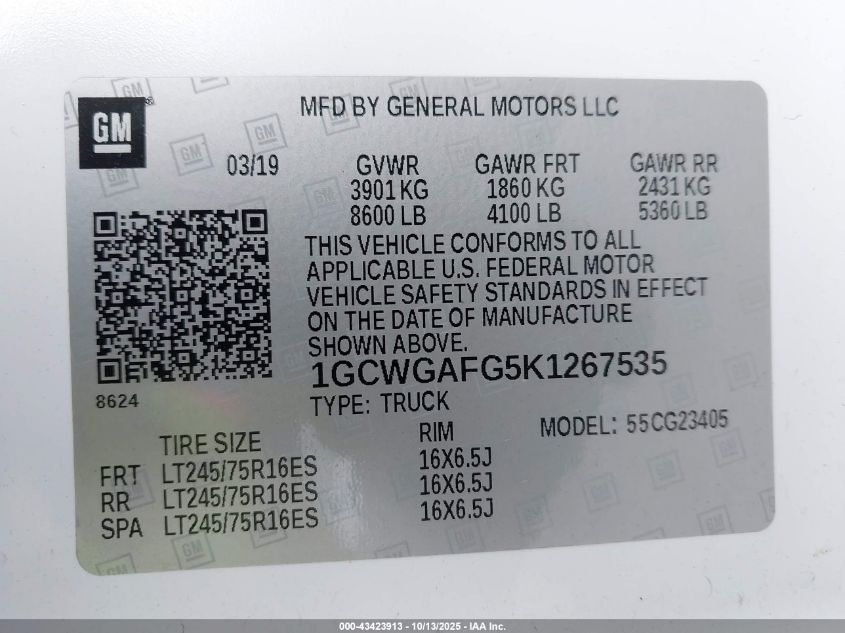 2019 Chevrolet Express 2500 Work Van VIN: 1GCWGAFG5K1267535 Lot: 43423913