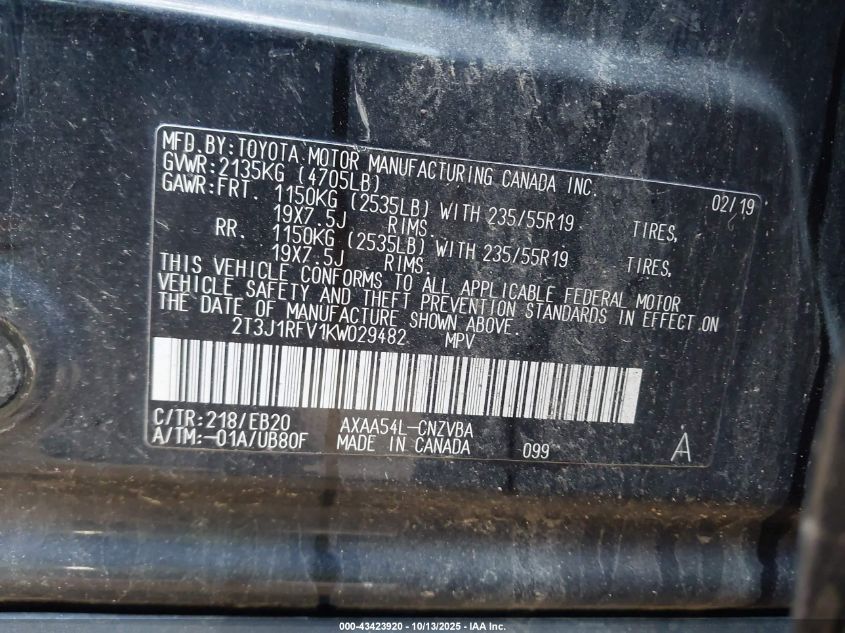 2019 Toyota Rav4 Adventure VIN: 2T3J1RFV1KW029482 Lot: 43423920