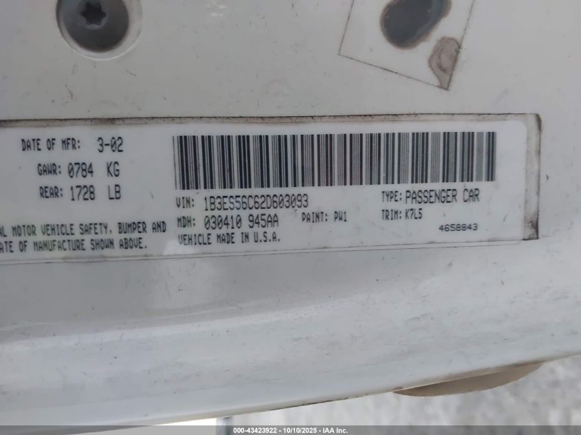 2002 Dodge Neon Sxt VIN: 1B3ES56C62D603093 Lot: 43423922