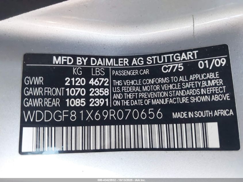 2009 Mercedes-Benz C 300 Luxury 4Matic/Sport 4Matic VIN: WDDGF81X69R070656 Lot: 43423932