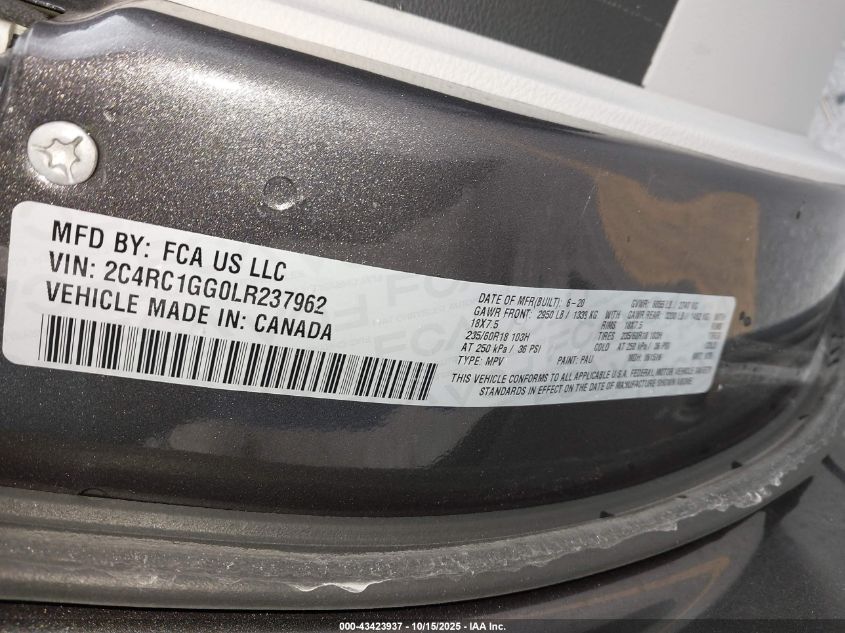 2020 Chrysler Pacifica Limited VIN: 2C4RC1GG0LR237962 Lot: 43423937