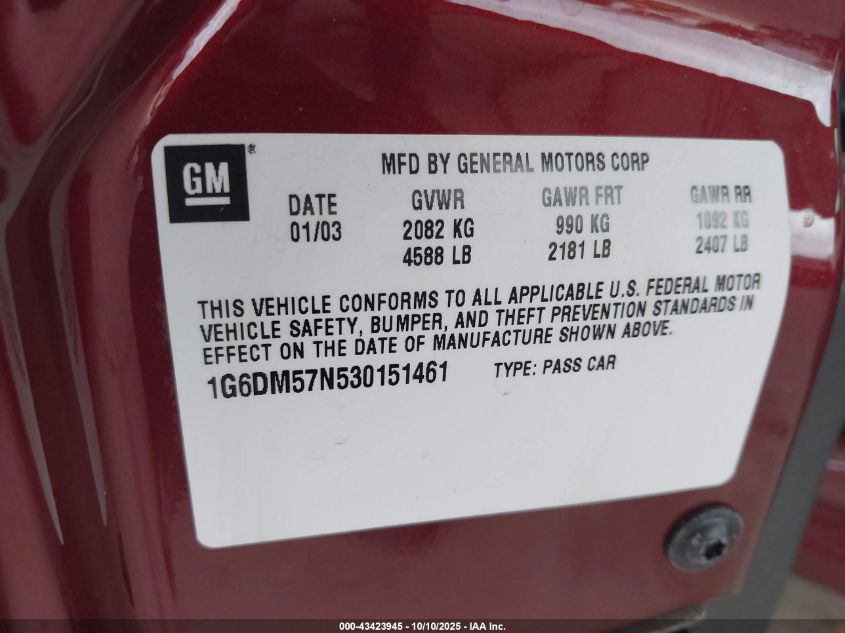 2003 Cadillac Cts VIN: 1G6DM57N530151461 Lot: 43423945