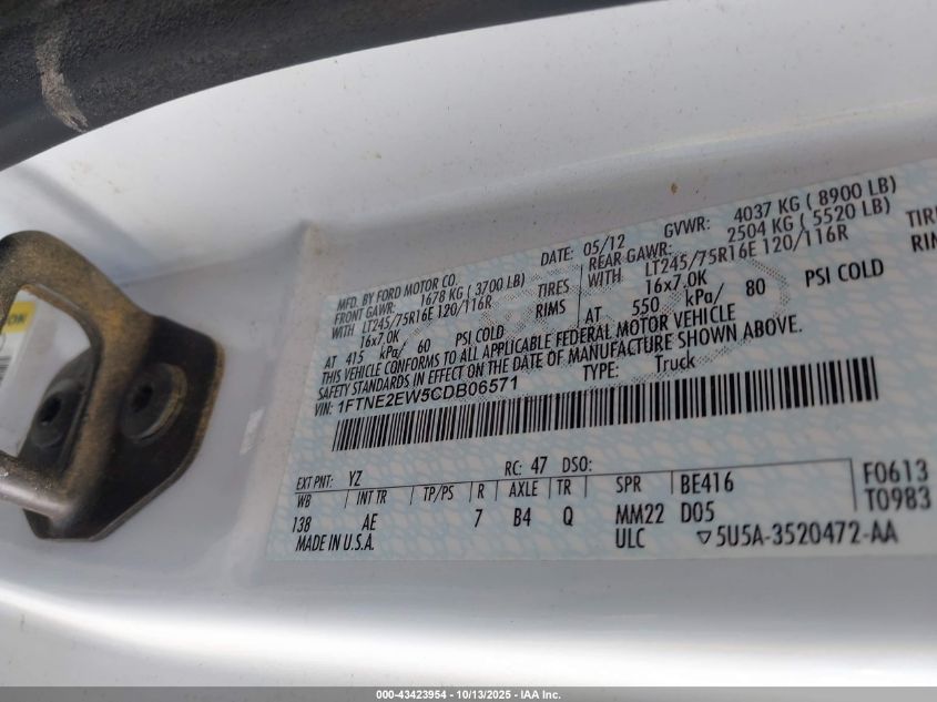 2012 Ford E-250 Commercial VIN: 1FTNE2EW5CDB06571 Lot: 43423954