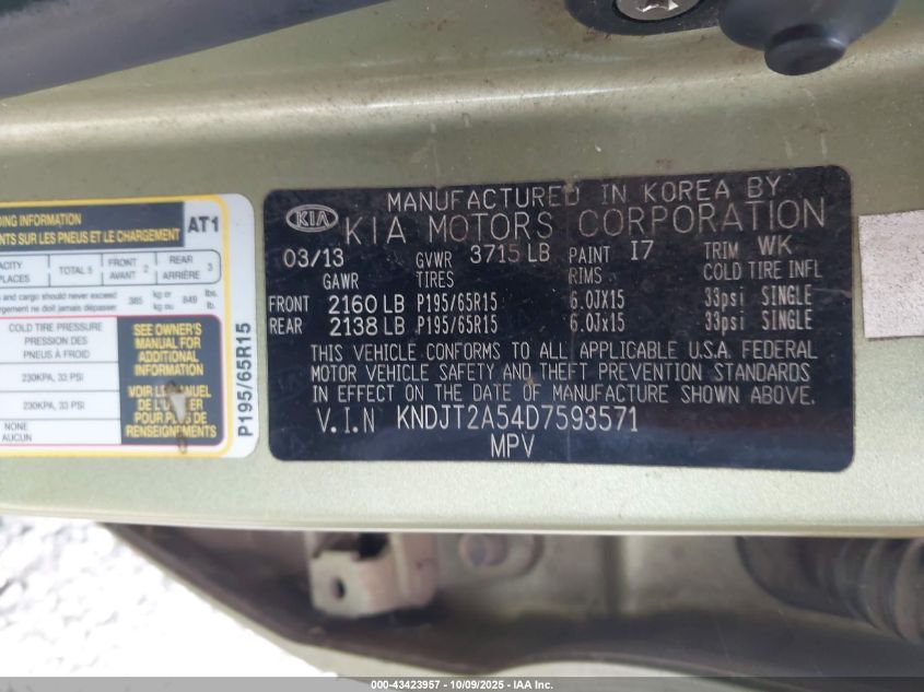 2013 Kia Soul VIN: KNDJT2A54D7593571 Lot: 43423957