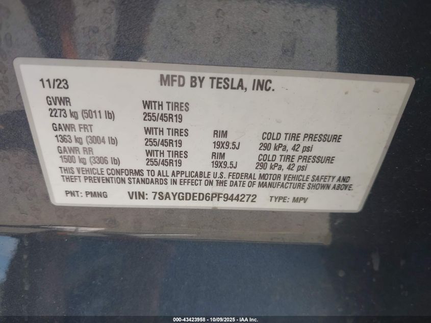 2023 Tesla Model Y Rwd VIN: 7SAYGDED6PF944272 Lot: 43423958