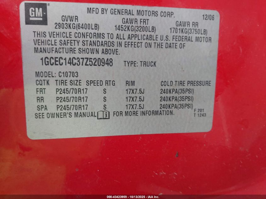 2007 Chevrolet Silverado 1500 Lt1 VIN: 1GCEC14C37Z520948 Lot: 43423959