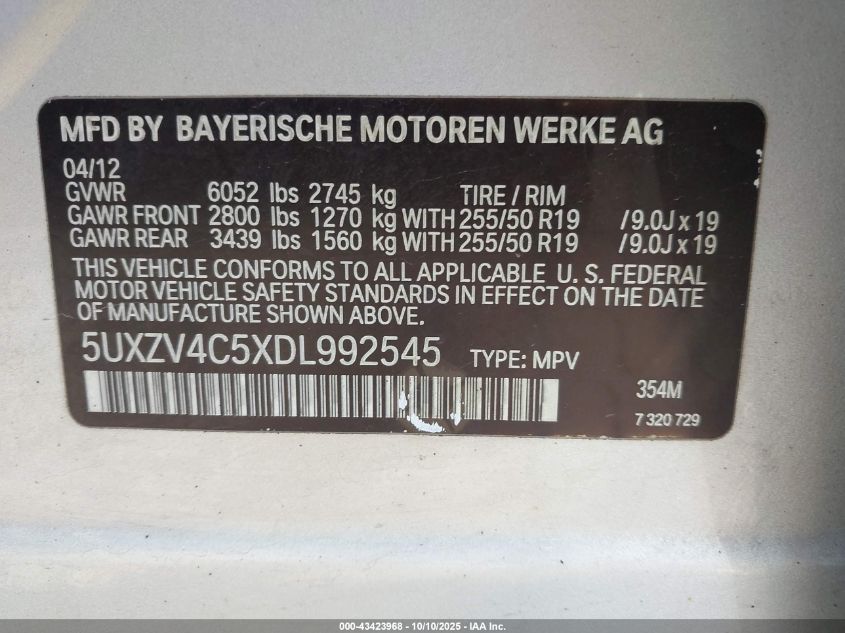 2013 BMW X5 xDrive35I/xDrive35I Premium/xDrive35I Sport Activity VIN: 5UXZV4C5XDL992545 Lot: 43423968