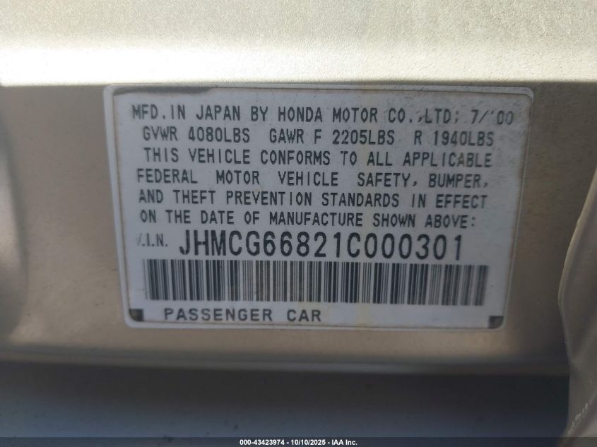 2001 Honda Accord 2.3 Ex VIN: JHMCG66821C000301 Lot: 43423974