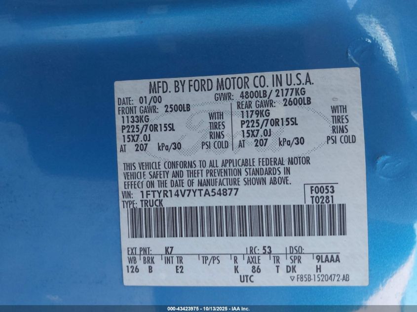 2000 Ford Ranger Xl/Xlt VIN: 1FTYR14V7YTA54877 Lot: 43423975