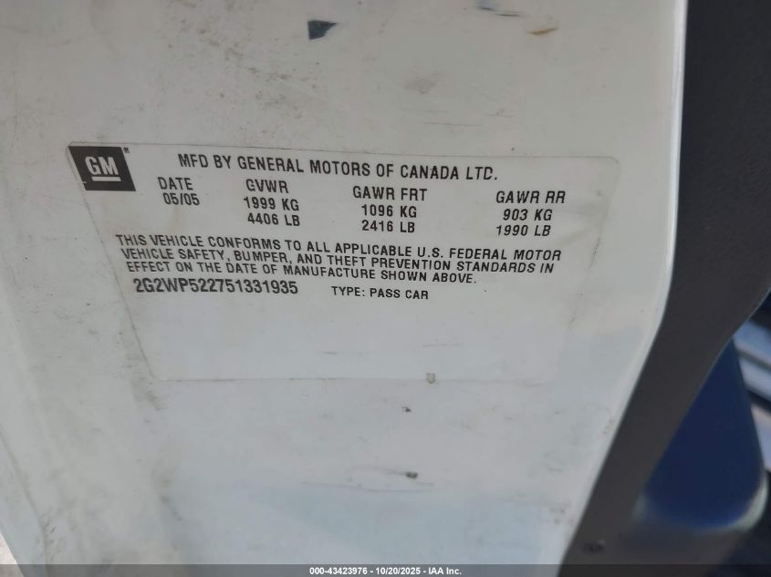 2005 Pontiac Grand Prix VIN: 2G2WP522751331935 Lot: 43423976
