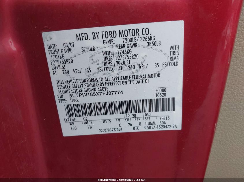 2007 Lincoln Mark Lt VIN: 5LTPW185X7FJ07774 Lot: 43423987