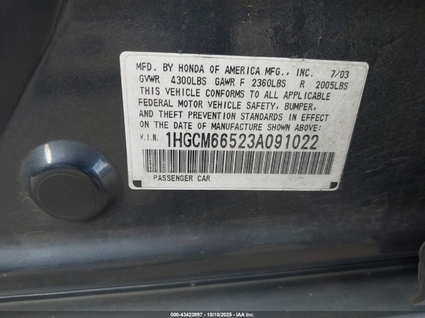 2003 Honda Accord 3.0 Ex VIN: 1HGCM66523A091022 Lot: 43423997