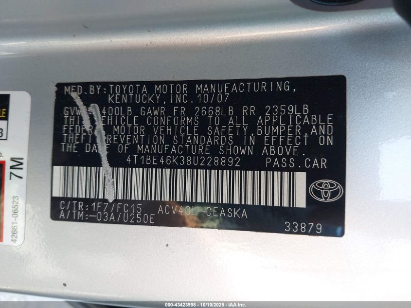 2008 Toyota Camry Se VIN: 4T1BE46K38U228892 Lot: 43423998