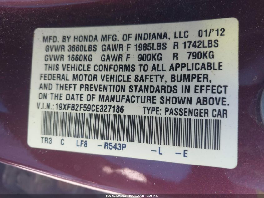 2012 Honda Civic Lx VIN: 19XFB2F59CE327186 Lot: 43424003