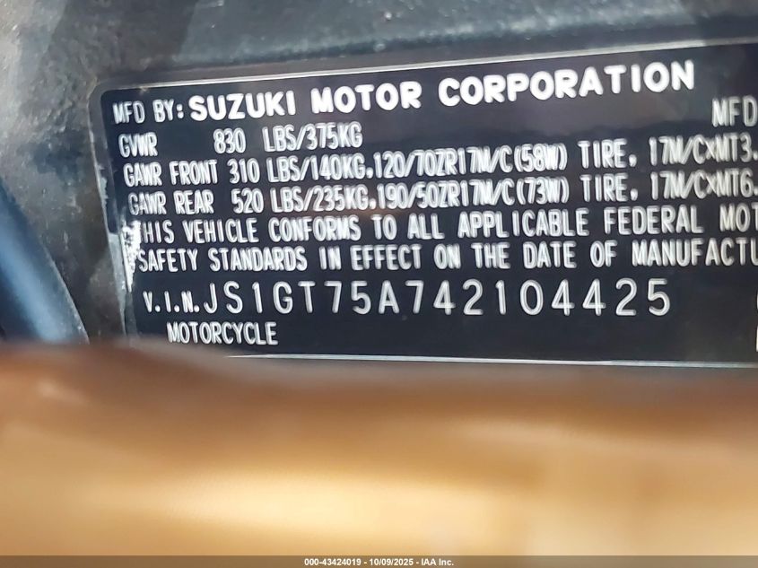 2004 Suzuki Gsx-R1000 VIN: JS1GT75A742104425 Lot: 43424019