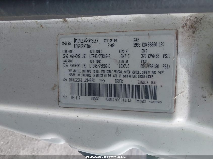 2001 Dodge Ram 2500 St VIN: 1B7KC23611J214373 Lot: 43424020