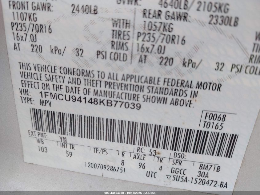 2008 Ford Escape Limited VIN: 1FMCU94148KB77039 Lot: 43424030