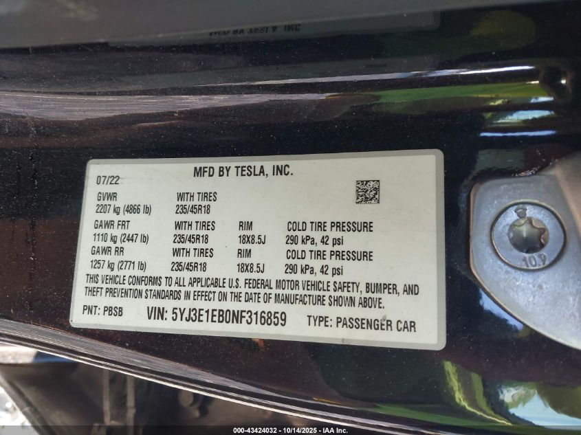 2022 Tesla Model 3 Long Range Dual Motor All-Wheel Drive VIN: 5YJ3E1EB0NF316859 Lot: 43424032