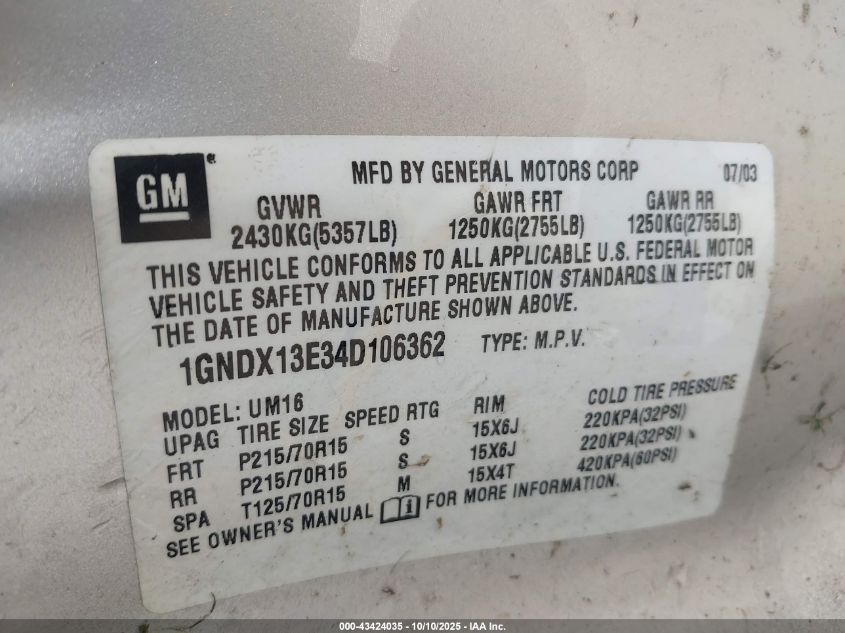 2004 Chevrolet Venture Lt VIN: 1GNDX13E34D106362 Lot: 43424035