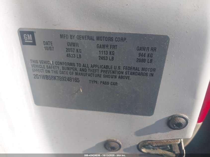 2008 Chevrolet Impala Ls VIN: 2G1WB58K789248165 Lot: 43424036