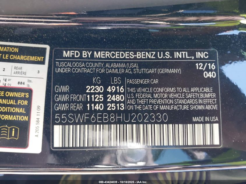 2017 Mercedes-Benz Amg C 43 4Matic VIN: 55SWF6EB8HU202330 Lot: 43424039