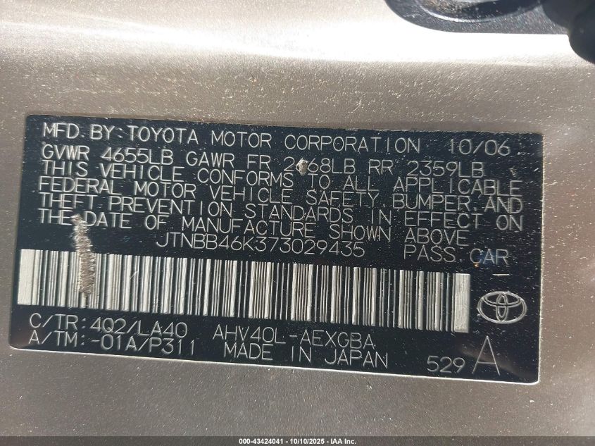 2007 Toyota Camry Hybrid VIN: JTNBB46K373029435 Lot: 43424041