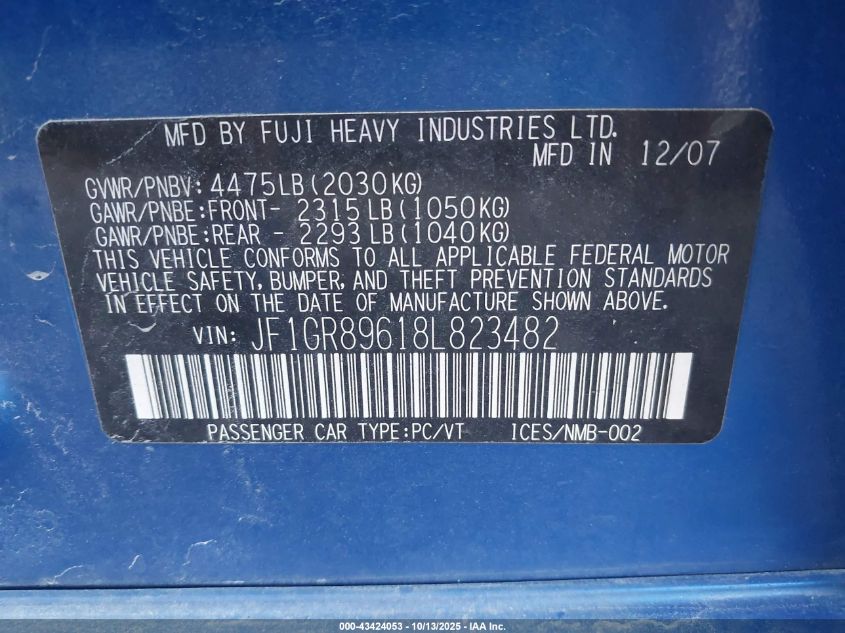 2008 Subaru Impreza Wrx Sti VIN: JF1GR89618L823482 Lot: 43424053