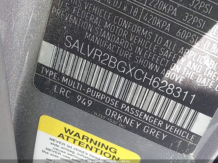 2012 Land Rover Range Rover Evoque VIN: SALVR2BGXCH628311 Lot: 43424057