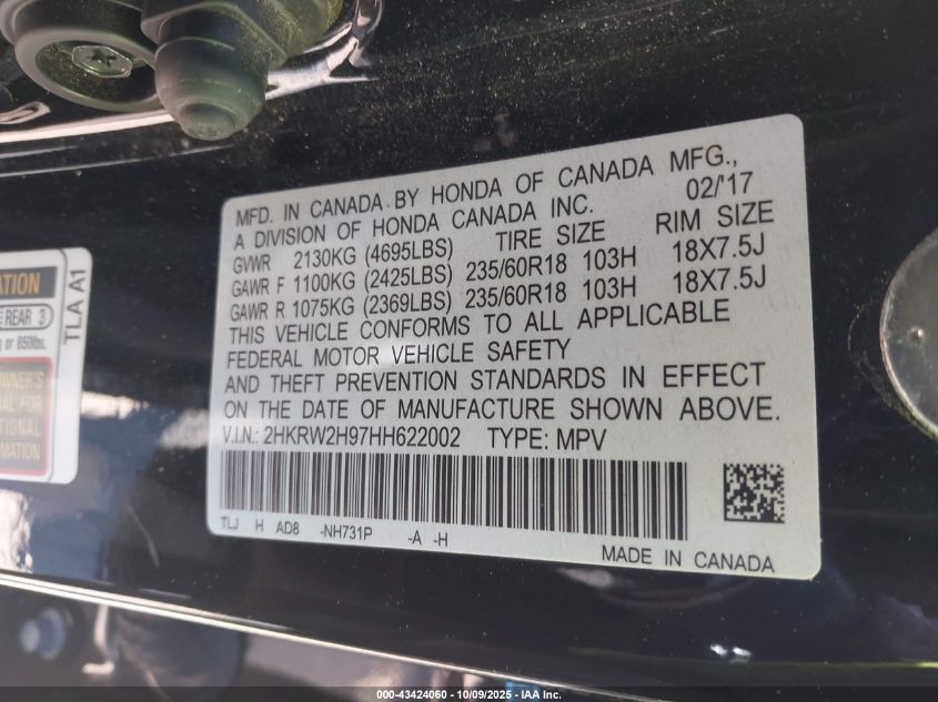 2017 Honda Cr-V Touring VIN: 2HKRW2H97HH622002 Lot: 43424060