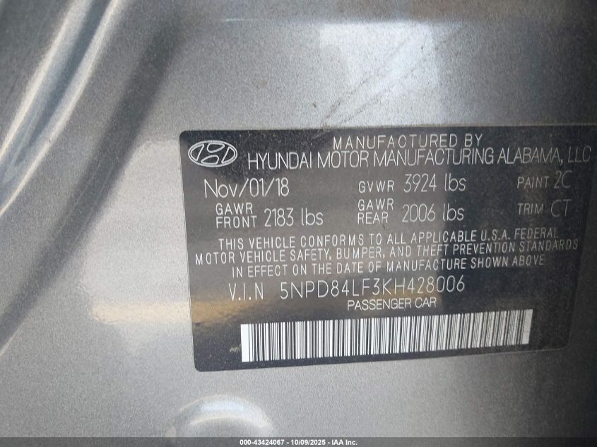 2019 Hyundai Elantra Sel VIN: 5NPD84LF3KH428006 Lot: 43424067