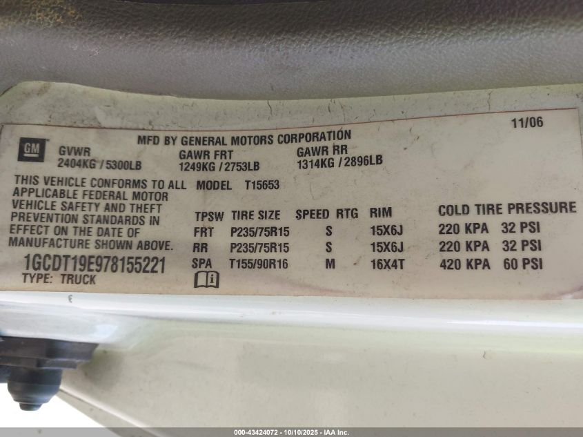 2007 Chevrolet Colorado Work Truck VIN: 1GCDT19E978155221 Lot: 43424072