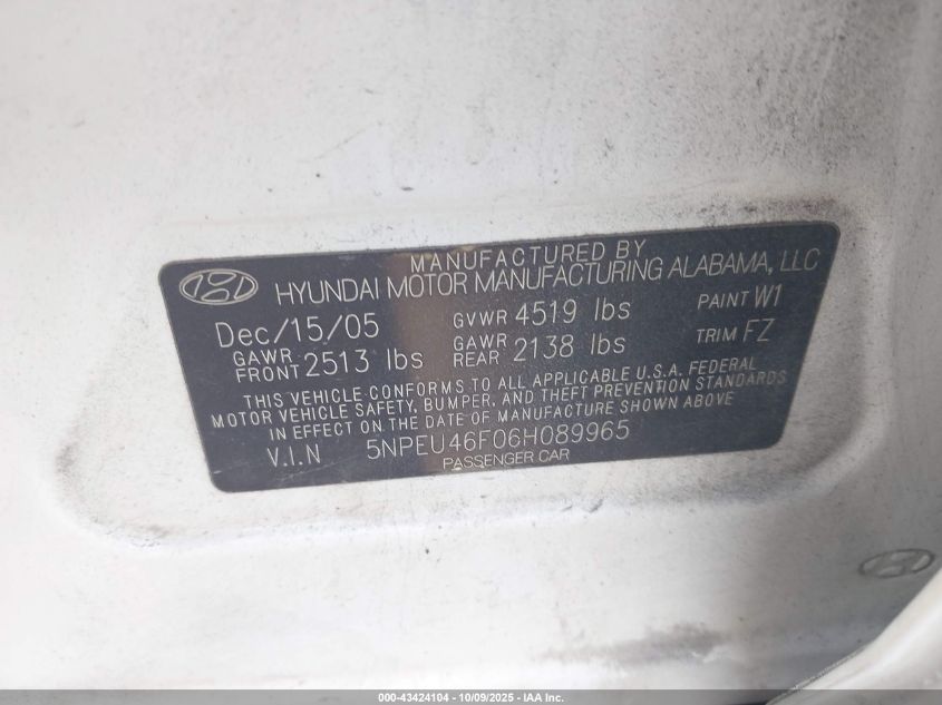 2006 Hyundai Sonata Gls V6/Lx V6 VIN: 5NPEU46F06H089965 Lot: 43424104