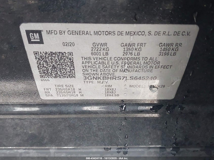 2020 CHEVROLET BLAZER AWD 2LT 3GNKBHRS7LS645240