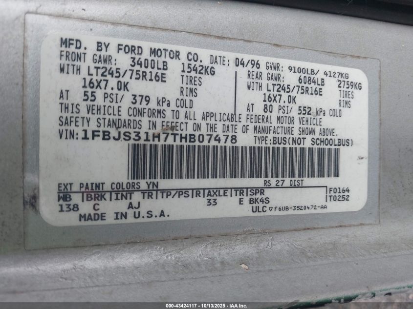 1996 Ford Econoline E350 Super Duty VIN: 1FBJS31H7THB07478 Lot: 43424117