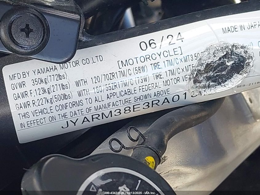 2024 Yamaha Yzfr7 VIN: JYARM38E3RA013826 Lot: 43424120