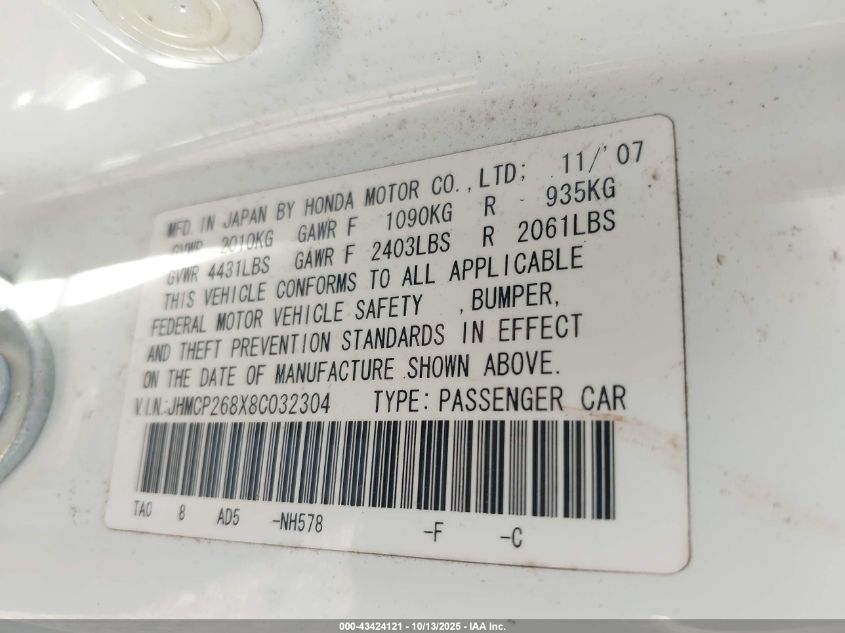 2008 Honda Accord 2.4 Ex-L VIN: JHMCP268X8C032304 Lot: 43424121