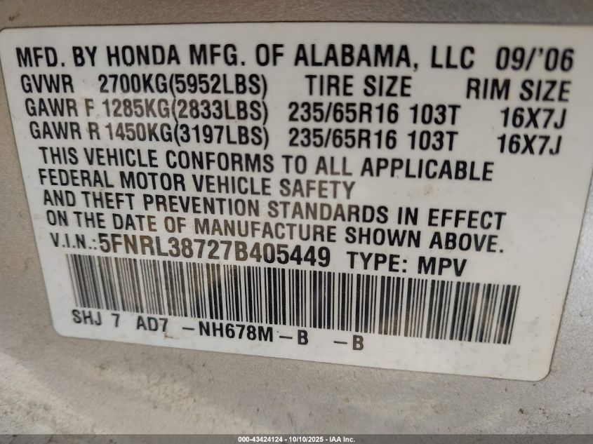 2007 Honda Odyssey Ex-L VIN: 5FNRL38727B405449 Lot: 43424124