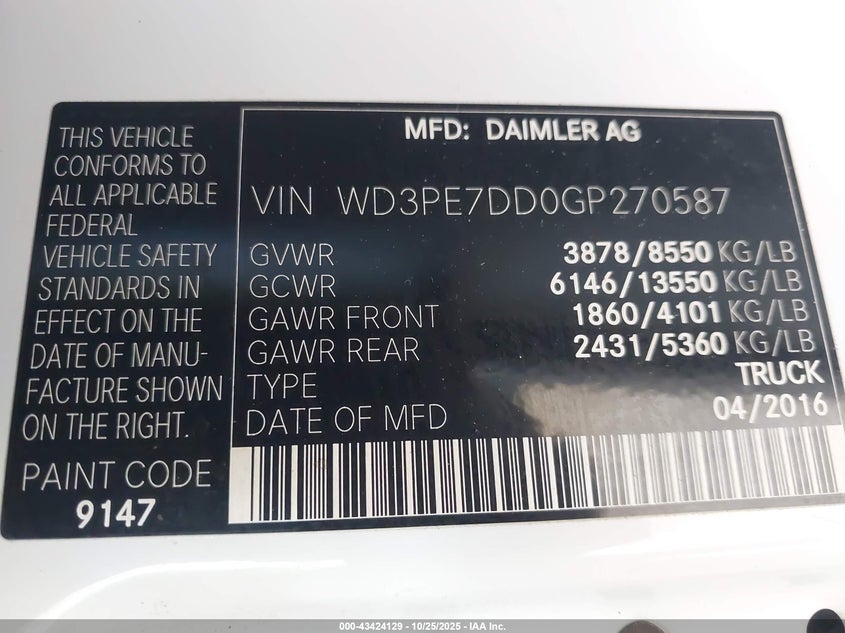 2016 MERCEDES-BENZ SPRINTER 2500 NORMAL ROOF WD3PE7DD0GP270587