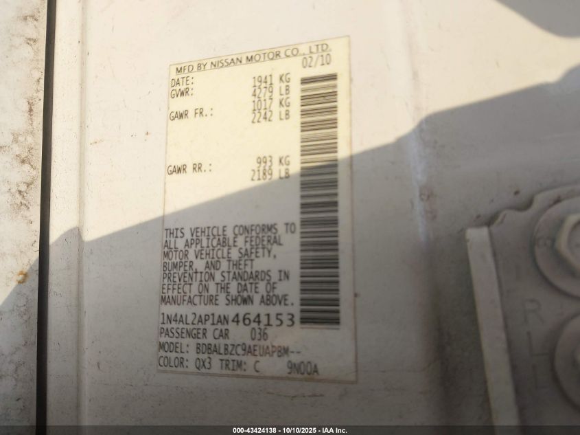 2010 Nissan Altima 2.5 S VIN: 1N4AL2AP1AN464153 Lot: 43424138