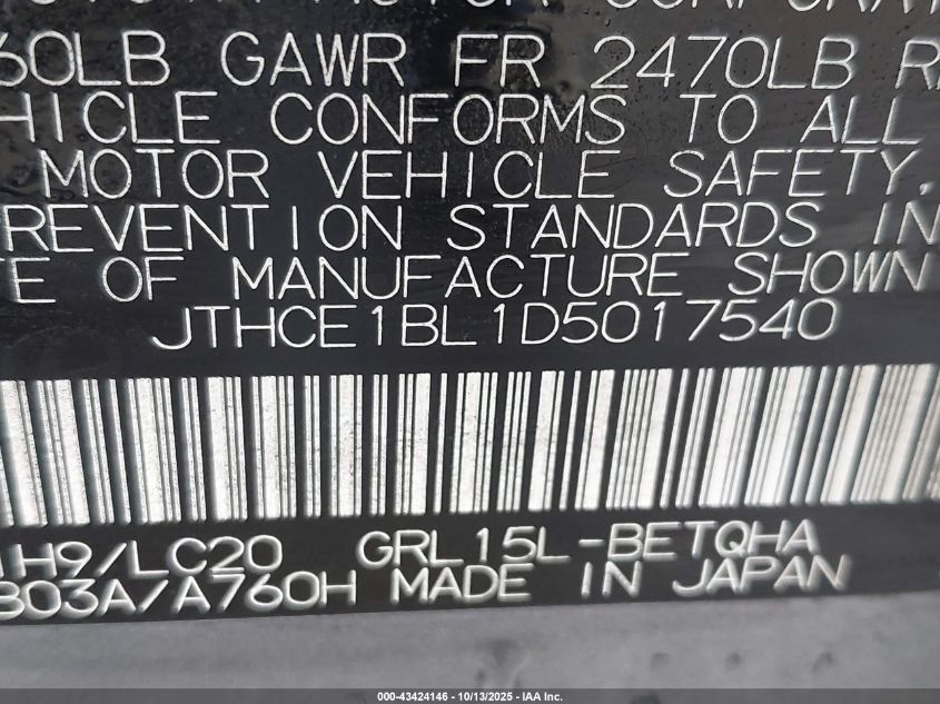 2013 Lexus Gs 350 VIN: JTHCE1BL1D5017540 Lot: 43424146