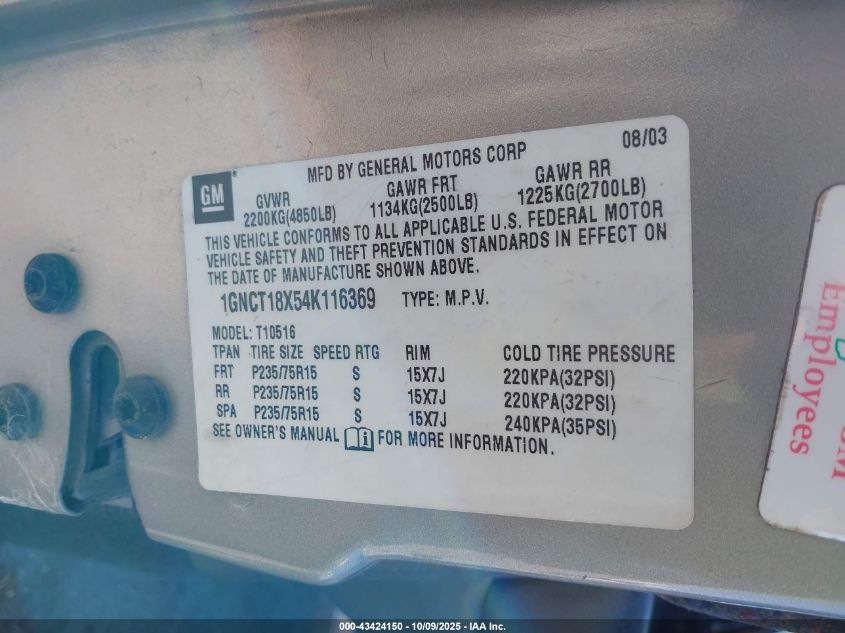 2004 Chevrolet Blazer Ls VIN: 1GNCT18X54K116369 Lot: 43424150