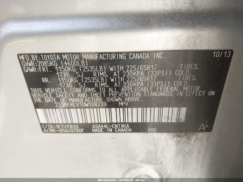 2013 Toyota Rav4 Le VIN: 2T3BFREV1DW108239 Lot: 43424161