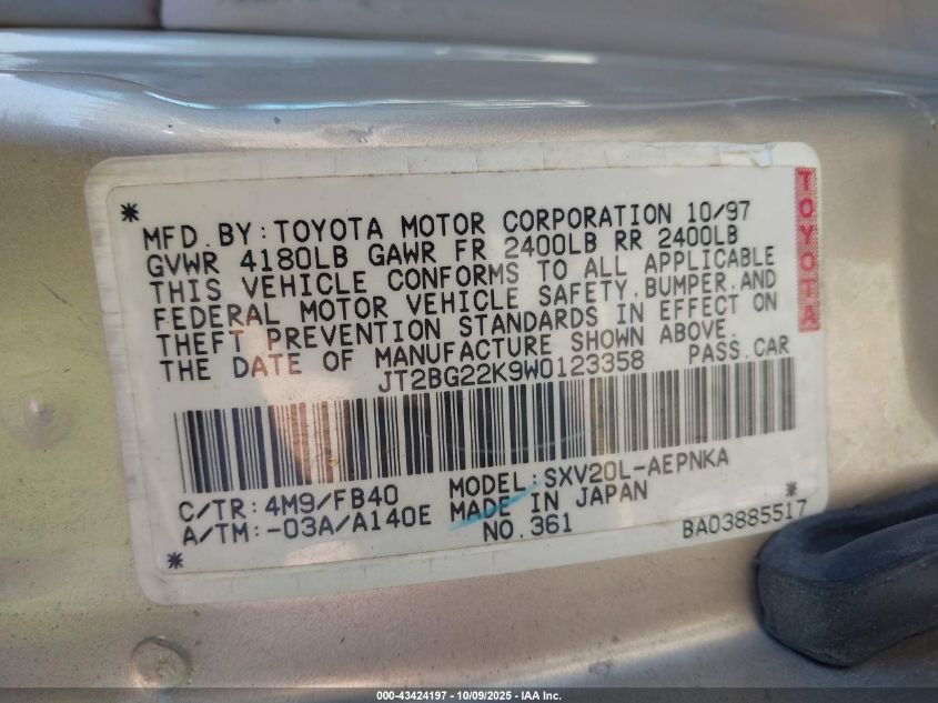 1998 Toyota Camry Le VIN: JT2BG22K9W0123358 Lot: 43424197